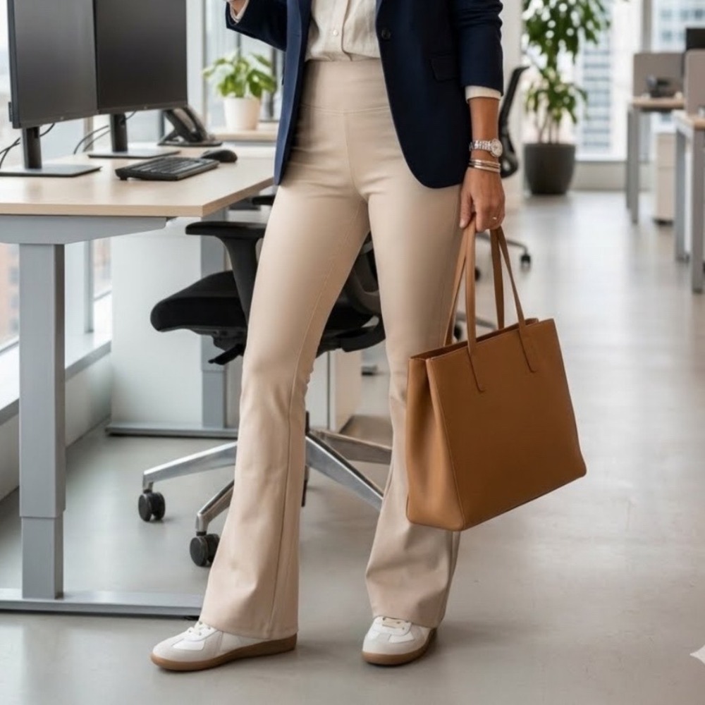 Womens High Waisted Flare Leg Pull On Trousers Beige Stretch Dress Pants Long